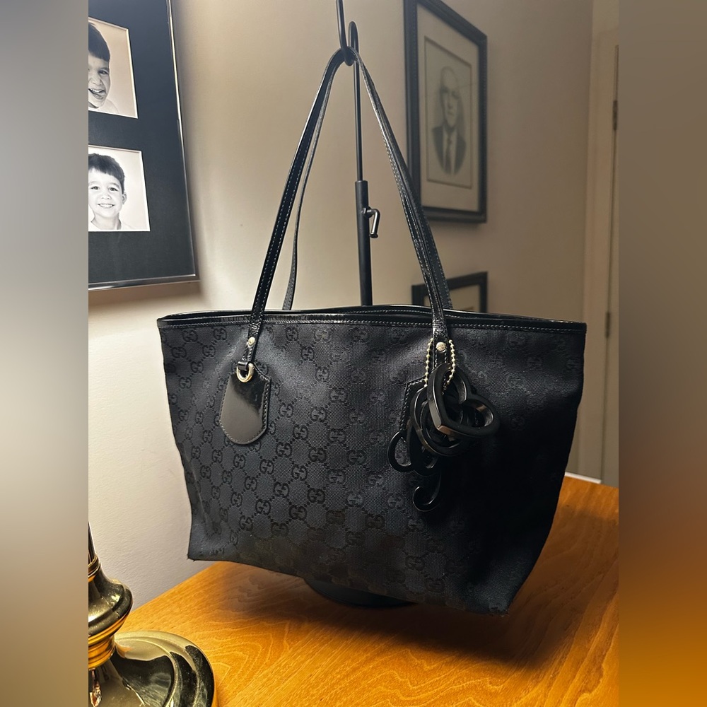 Gucci Black Canvas Tote w/ Black Patent Leather Straps/Trim & Triple Charm